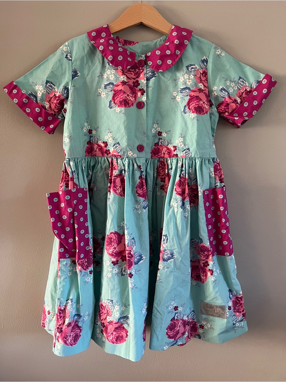 Eleanor Rose Blue Dress with Pink Rose Print and Polka-Dot Trim & Side Pockets